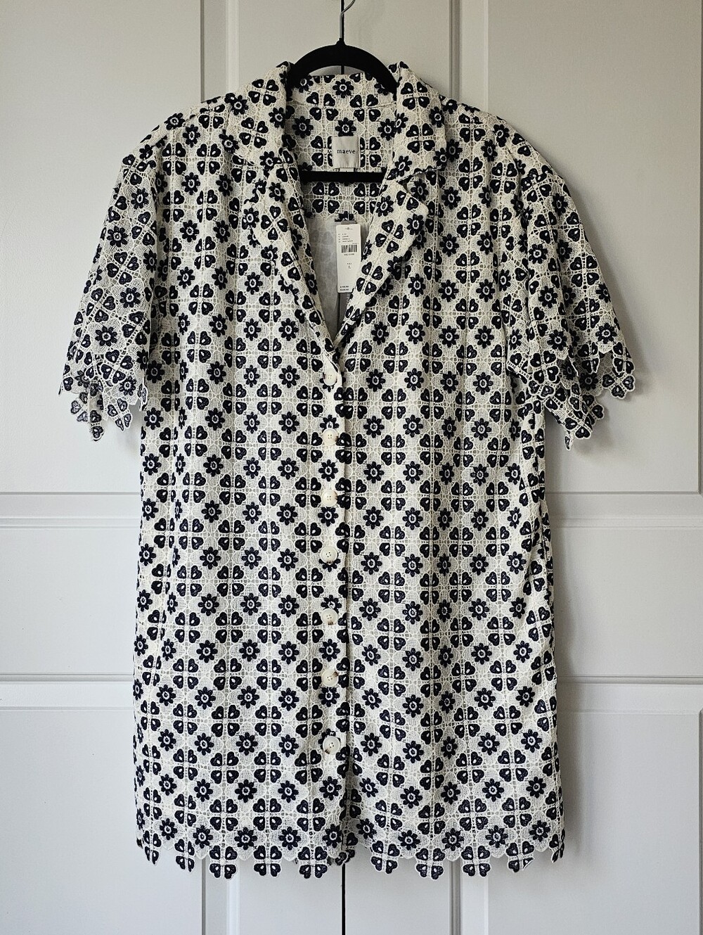 NWT Anthropologie White Eyelet Mini Dress with Black Floral Cutwork